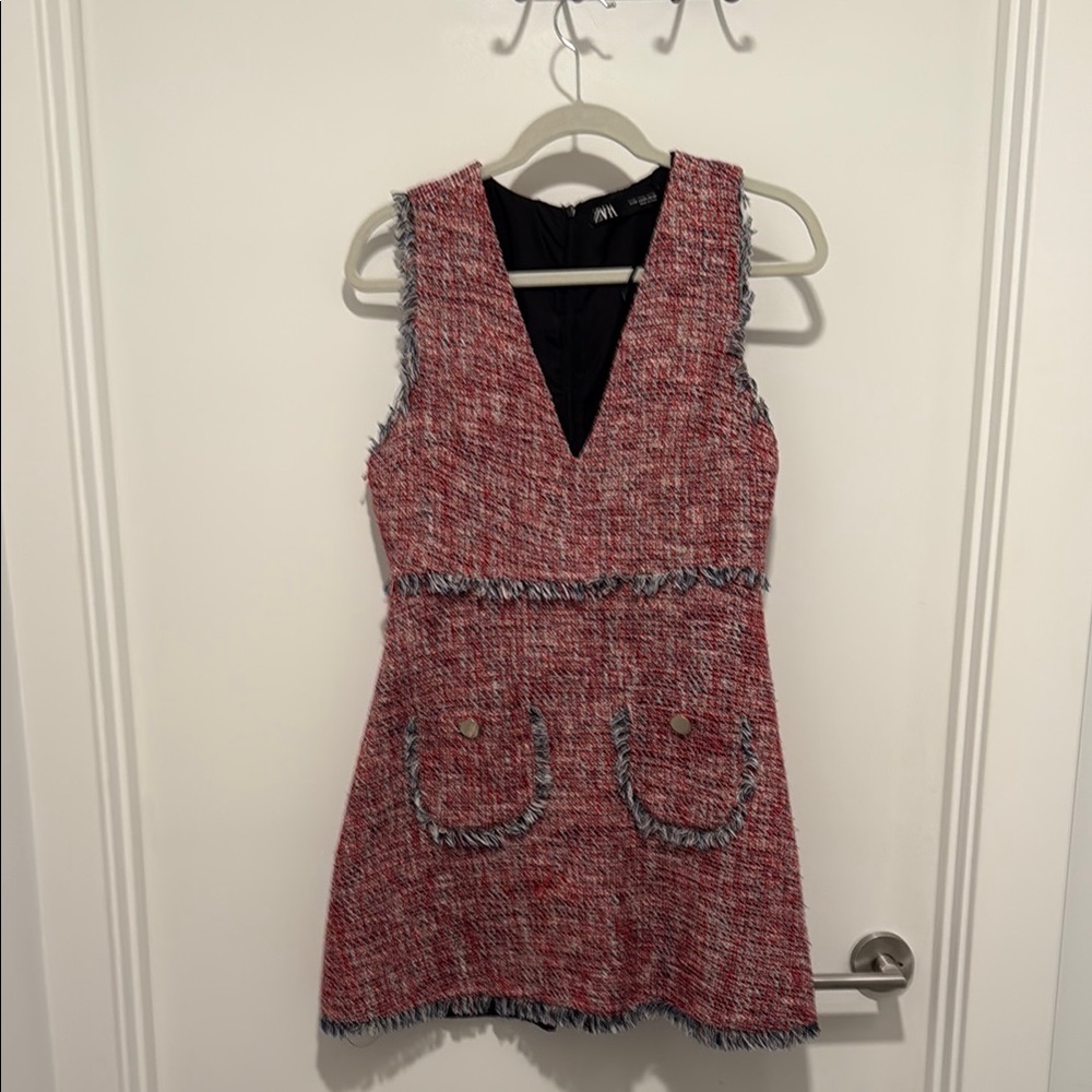 Zara Red Tweed V-Neck Dress